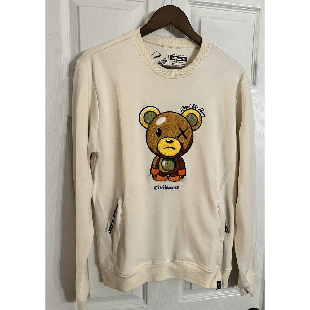 CIVILIZED Bear Graphic Crewneck Sweatshirt Cream Medium Long Sleeve Pockets